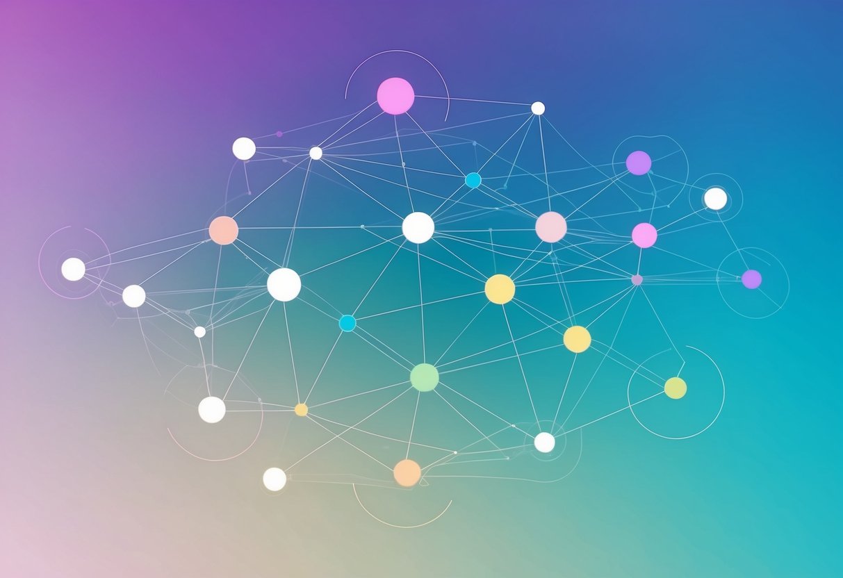A colorful network of interconnected nodes floating in the air, with gradients transitioning smoothly between different hues