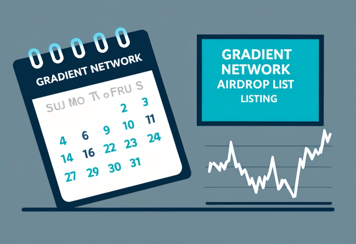 A calendar with the date of the Gradient Network Airdrop listing, alongside a graph showing the price fluctuation
