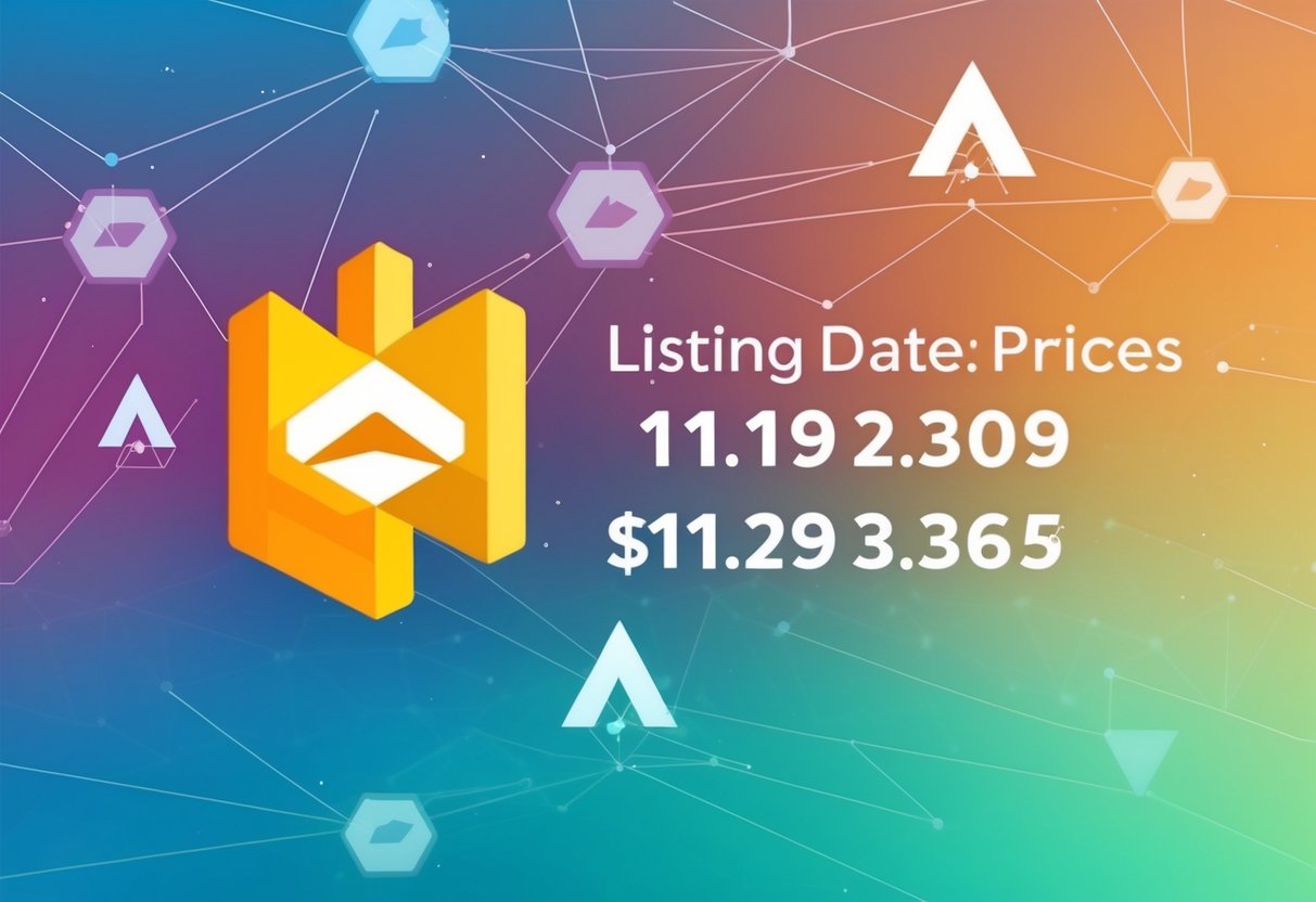 A vibrant gradient background with network nodes and airdrop symbols, displaying listing date and price information