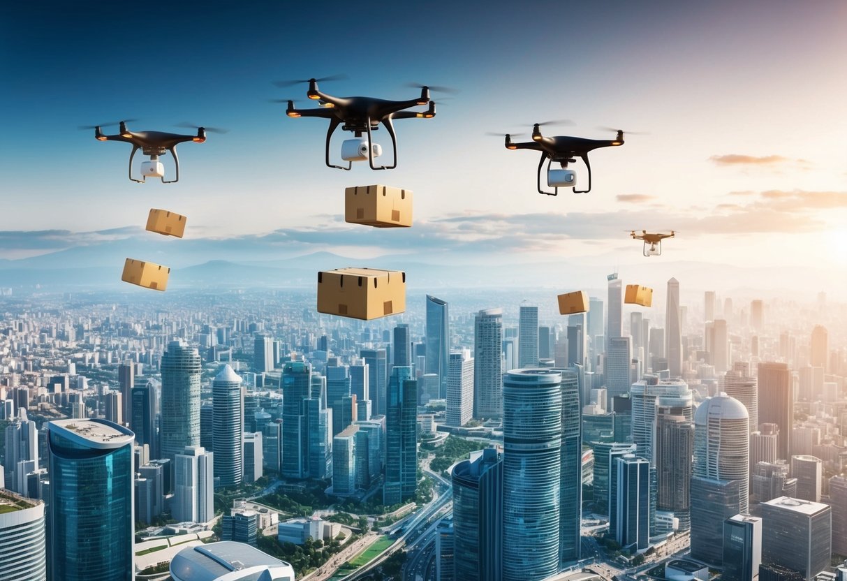 A futuristic cityscape with drones dropping supplies from the sky onto a bustling urban area below