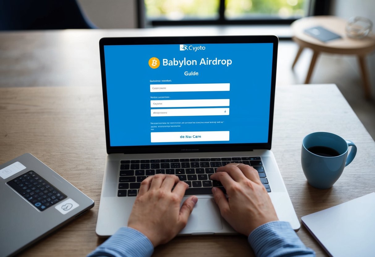 A person sitting at a desk with a laptop, filling out a form online to participate in the Babylon Airdrop. The screen displays the airdrop guide