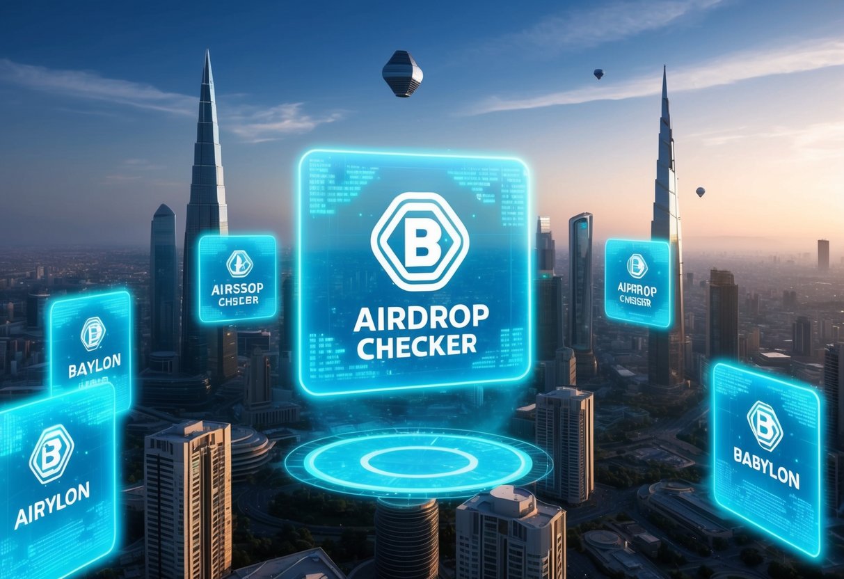 A futuristic cityscape with holographic screens displaying the Babylon Airdrop Checker logo and data floating in the air