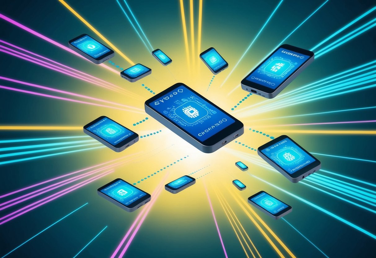 A group of electronic devices floating in the air, emitting colorful beams of light as they transfer data to each other