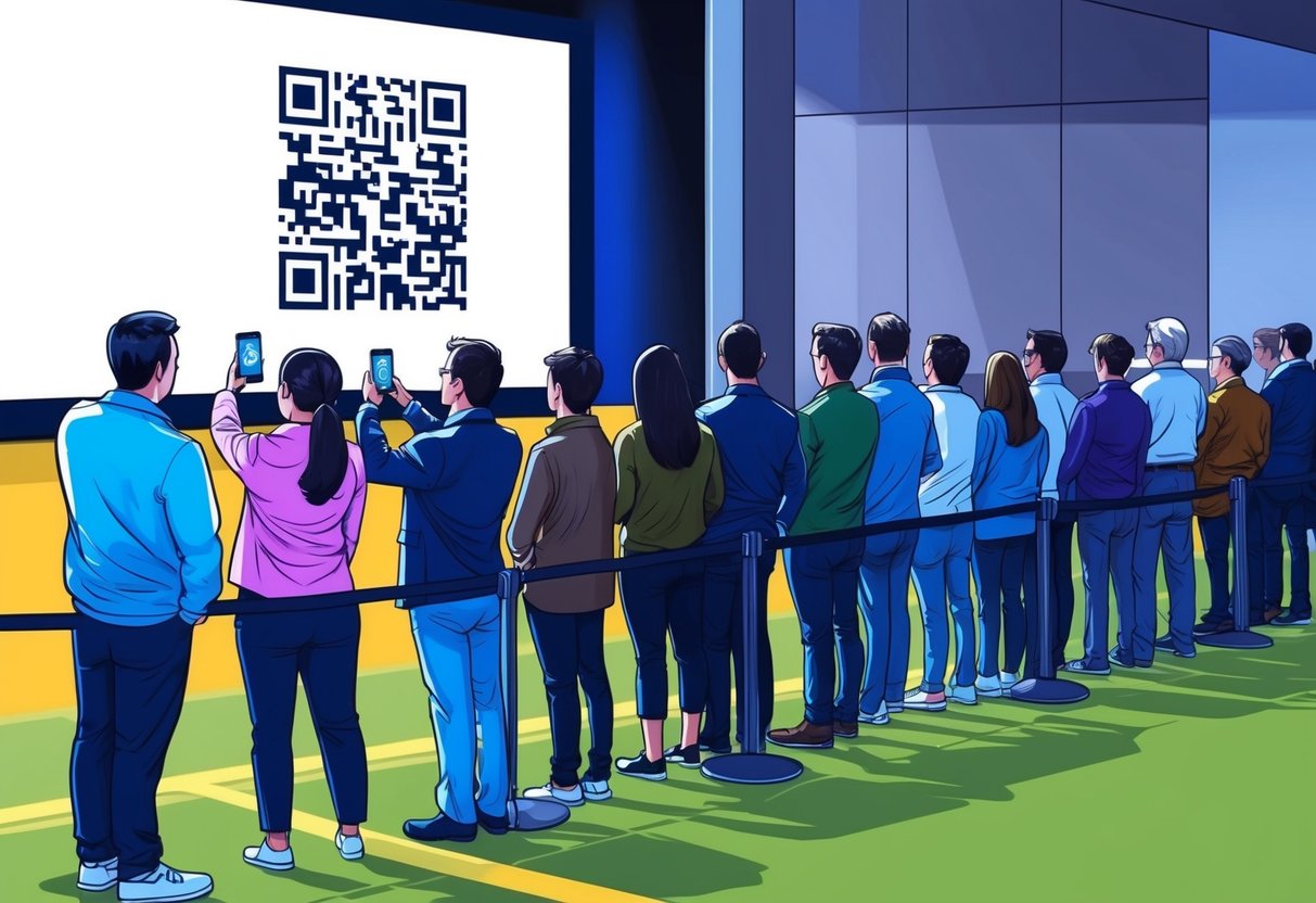 A group of people standing in line, holding their smartphones up to scan a QR code displayed on a large screen