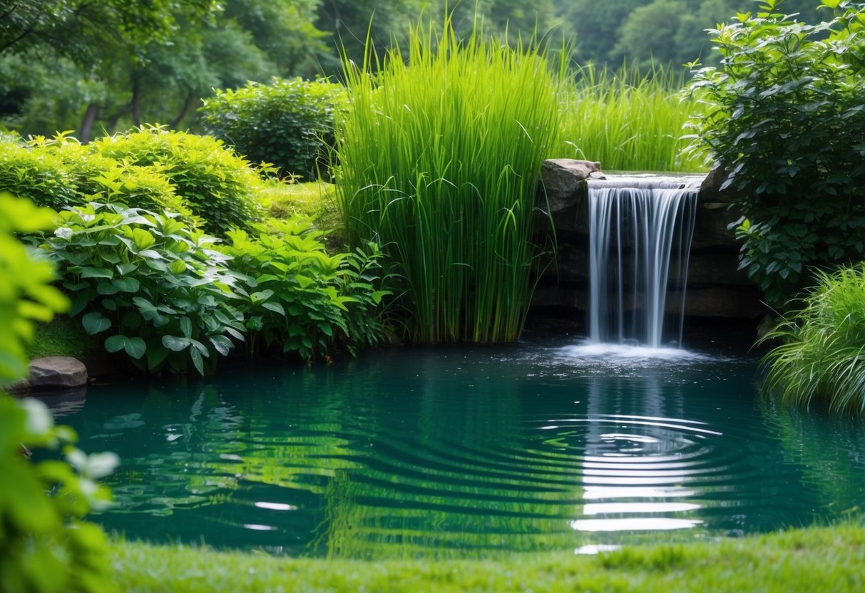 A tranquil pond surrounded by lush greenery, with a gentle waterfall cascading into the water, creating ripples on the surface
