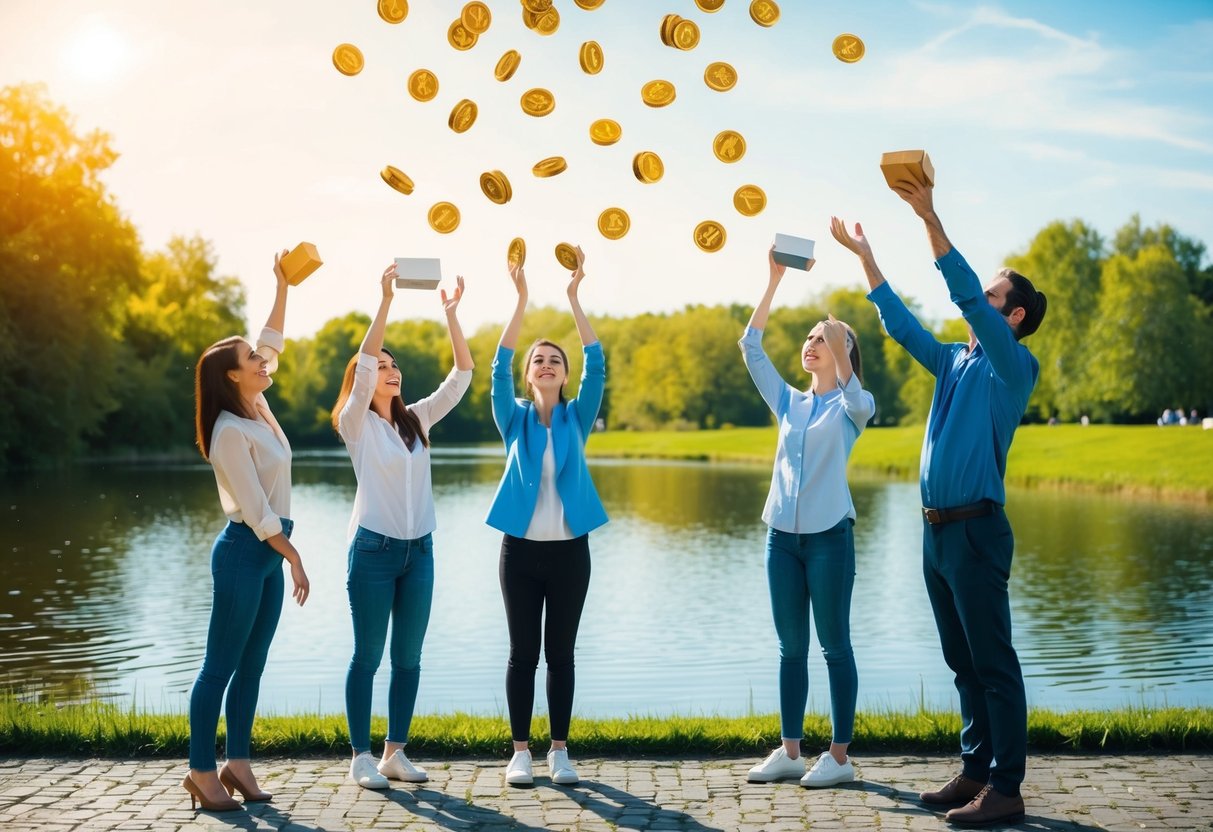 People standing by a pond, receiving items dropped from above