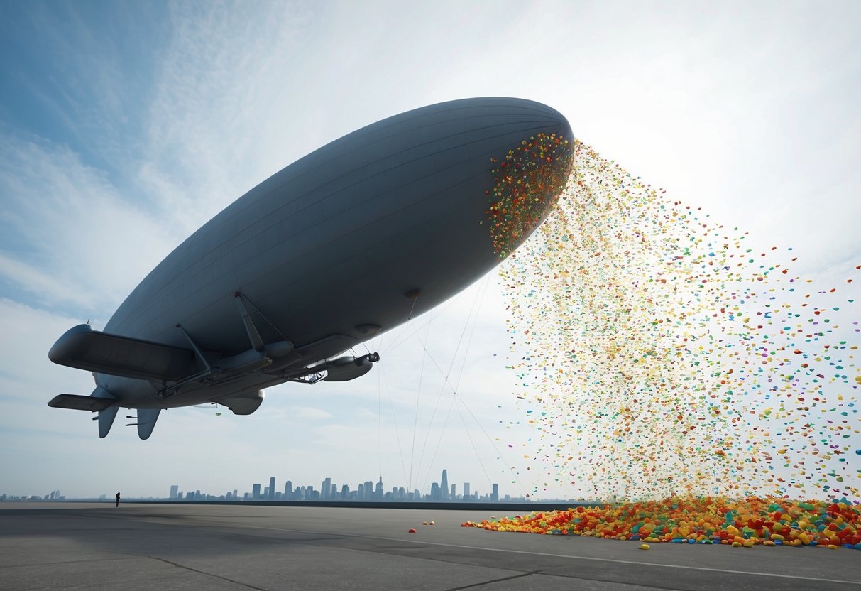 A massive airship releasing a shower of colorful objects