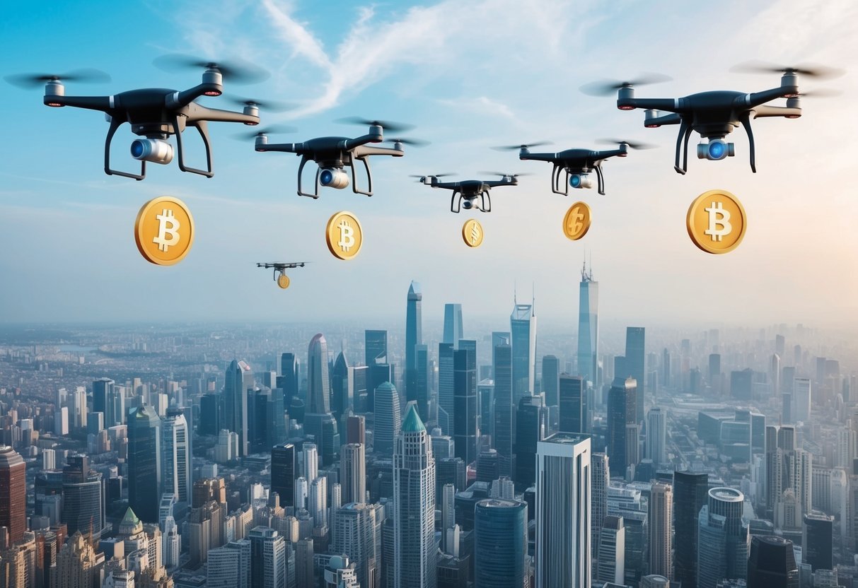 A group of futuristic drones dropping tokens from the sky onto a bustling cityscape below