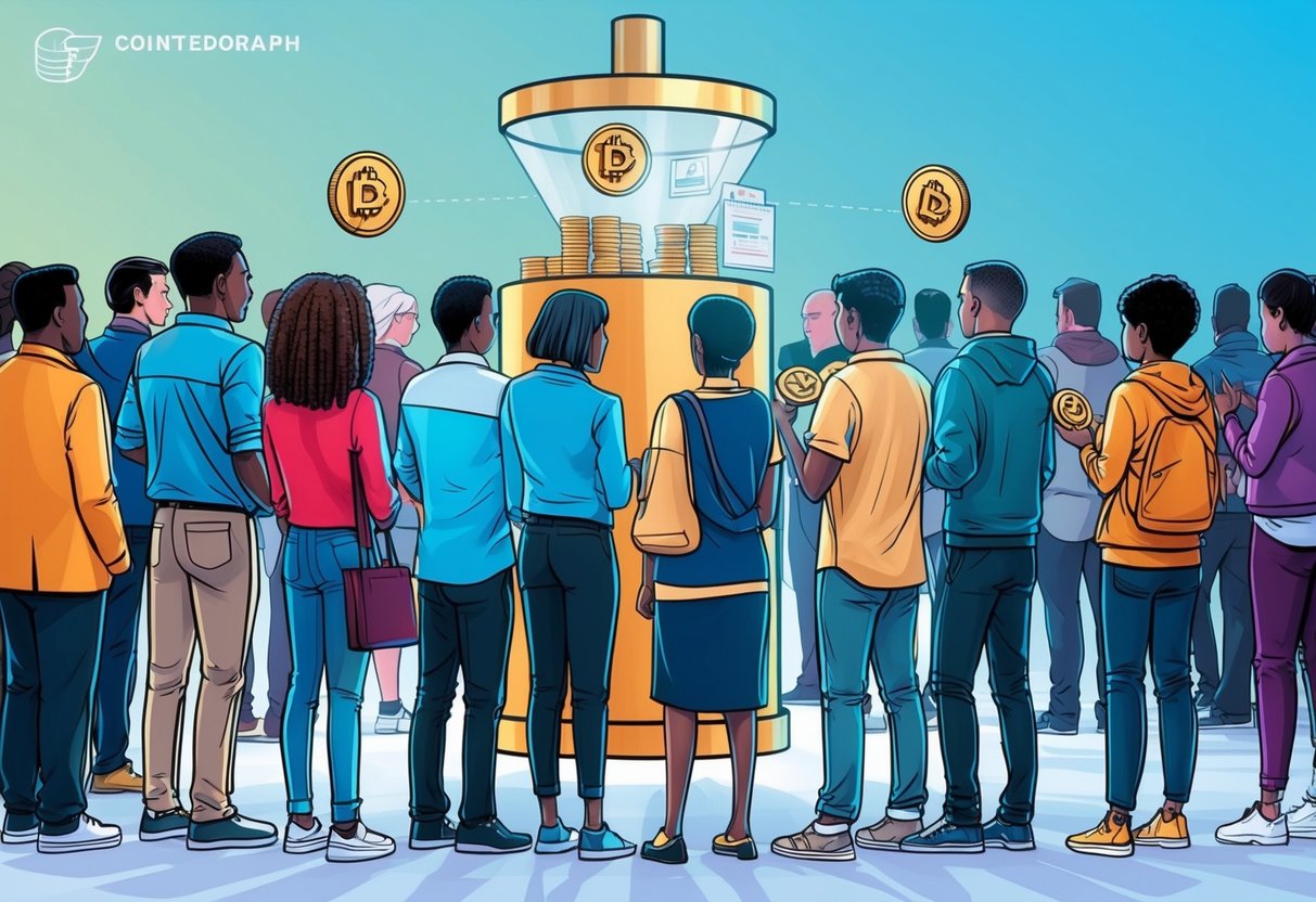 A line of diverse individuals waiting to receive airdrop tokens from a central distribution point