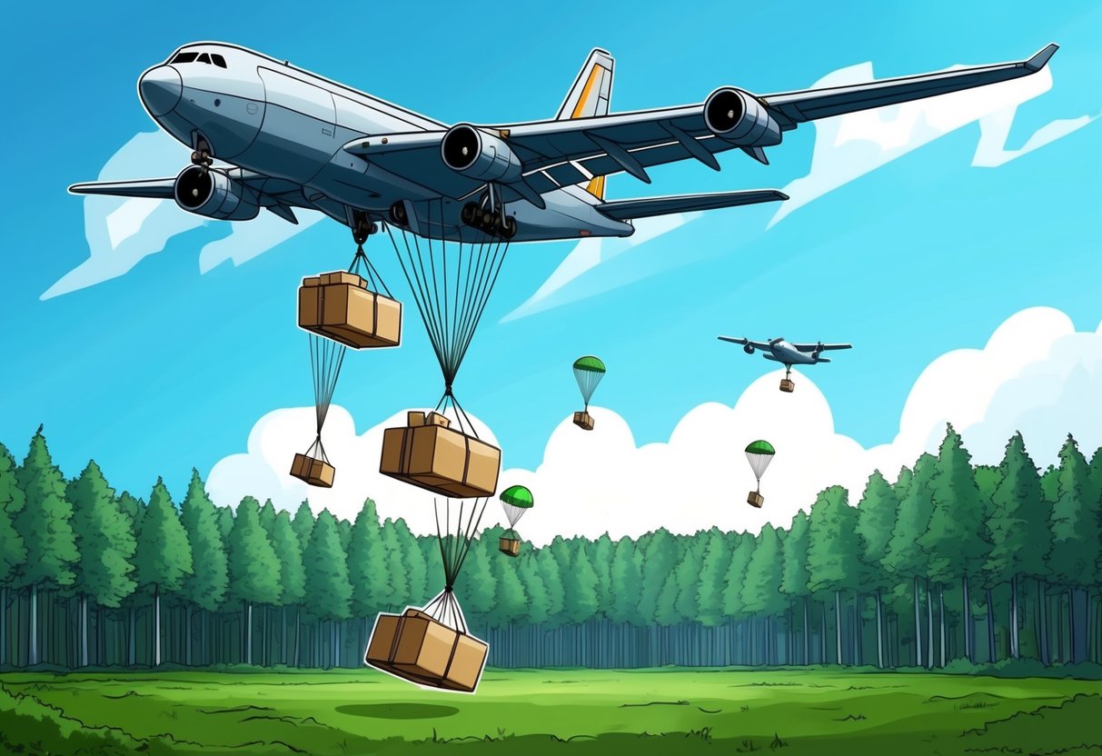 A cargo plane drops supplies from the sky, parachutes billowing, as they descend towards a clearing in a dense forest