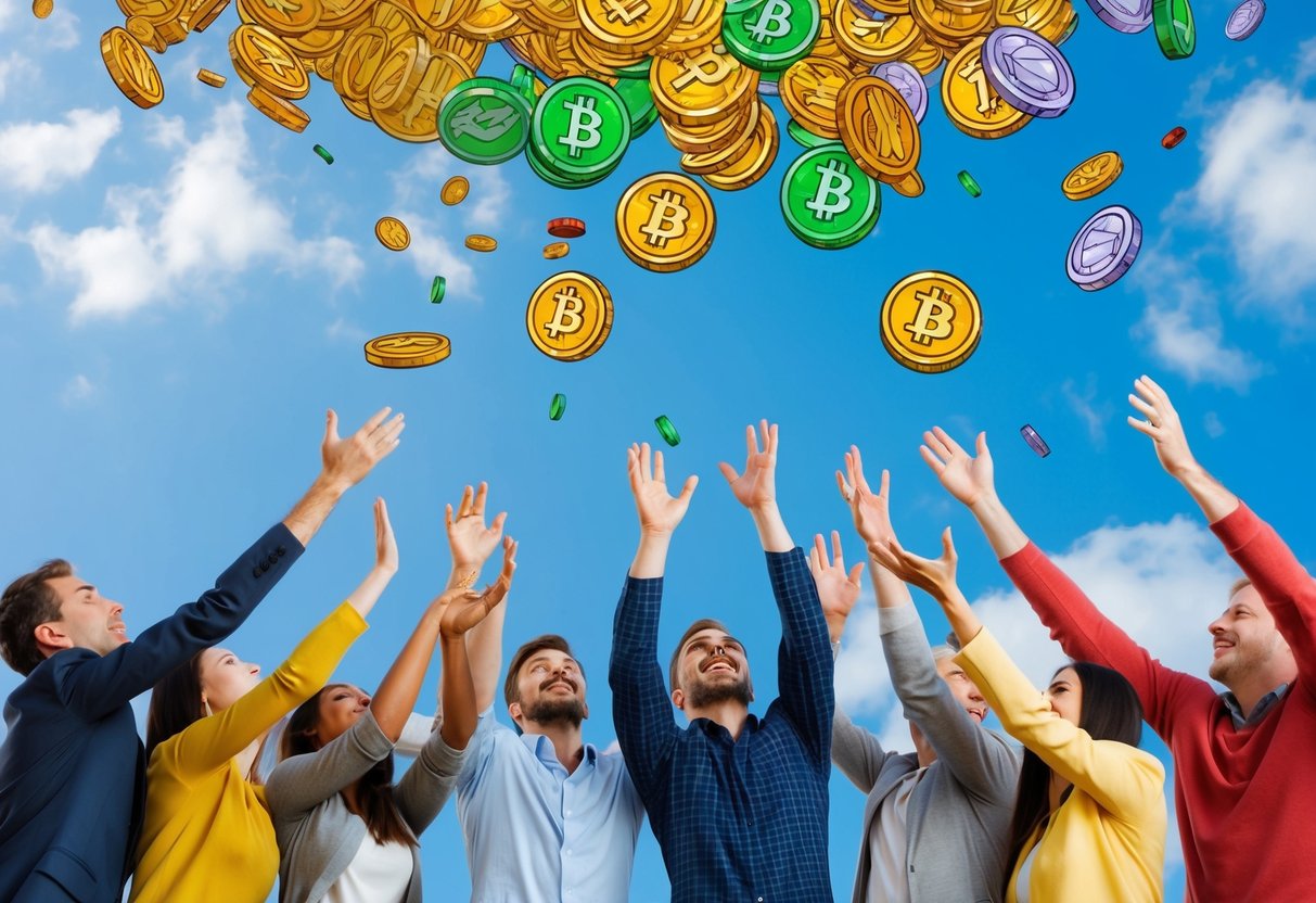 A group of people eagerly reaching out to grab colorful tokens falling from the sky