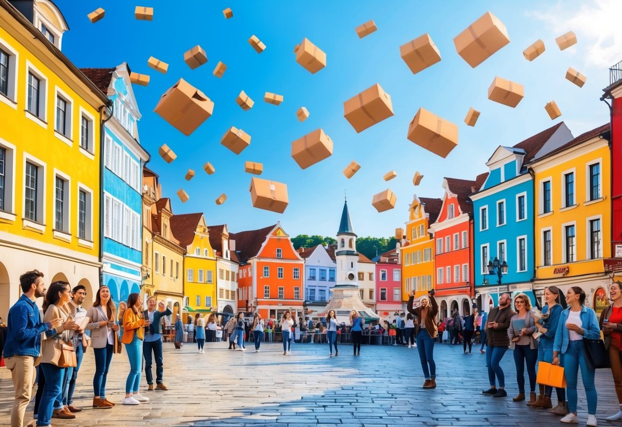 A bustling town square with packages falling from the sky, surrounded by excited onlookers and colorful buildings