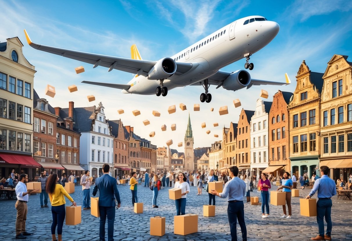 A bustling town square filled with people receiving airdropped packages from a passing airplane