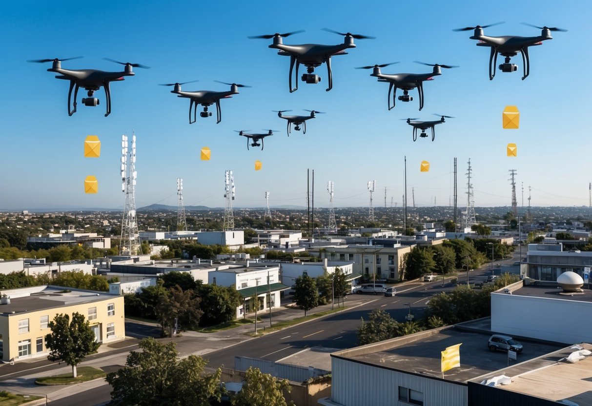 A group of drones flying over a town, dropping small packages onto rooftops and streets. A network of antennas and satellite dishes is visible in the background