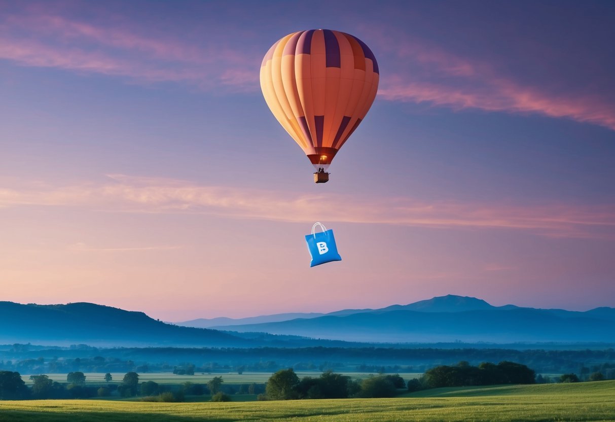 A hot air balloon dropping a package over a serene landscape