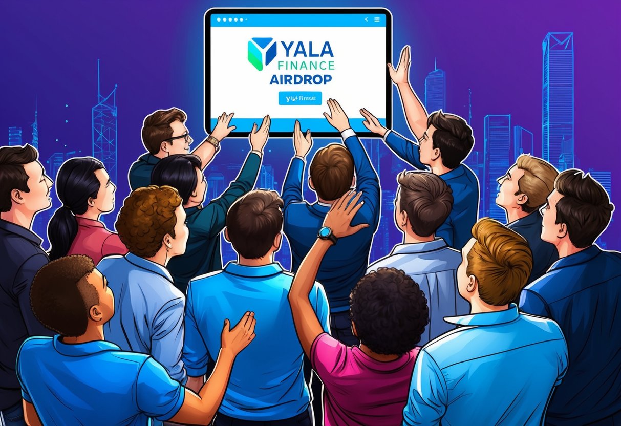 A group of people eagerly gathering around a digital screen displaying the Yala Finance Airdrop announcement