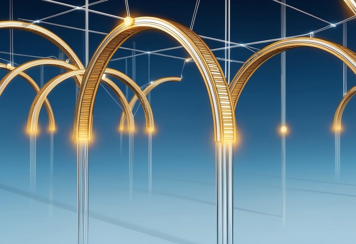 A network of interconnected arches suspended in mid-air, with glowing nodes at each intersection