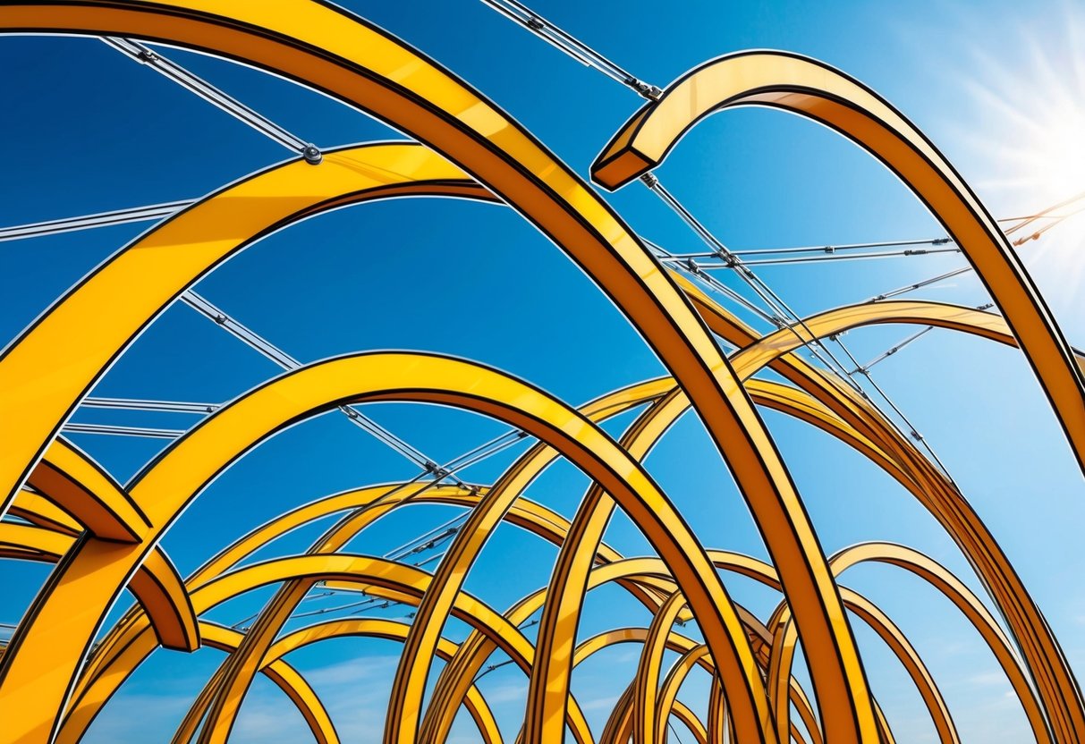 A vibrant network of interconnected arches suspended in the sky, radiating a sense of connectivity and distribution