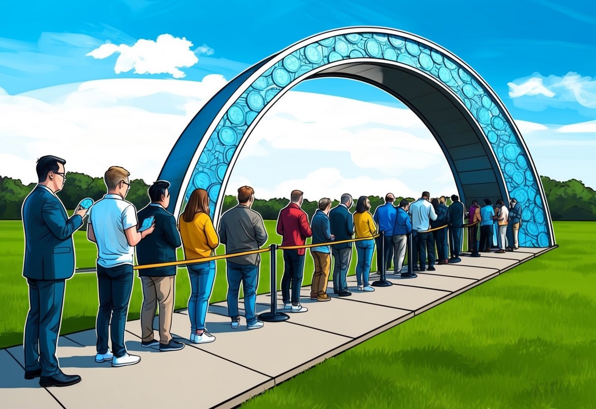 A group of people lining up to receive tokens from a large arch-shaped structure