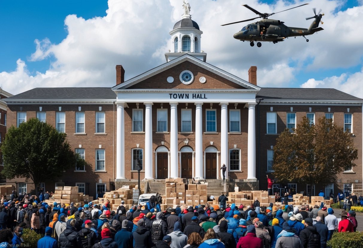 The town hall is surrounded by a crowd as supplies are dropped from a helicopter