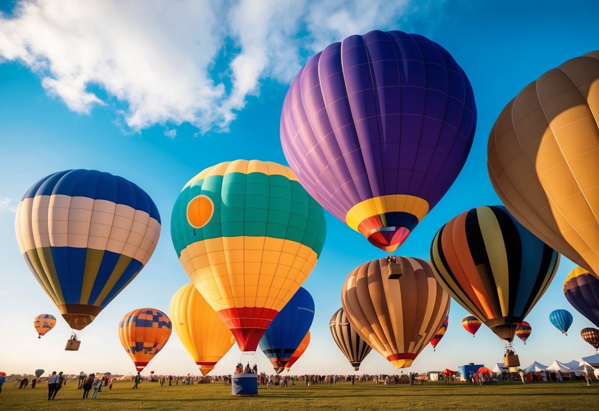 A vibrant hot air balloon festival with multiple colorful balloons floating in the sky