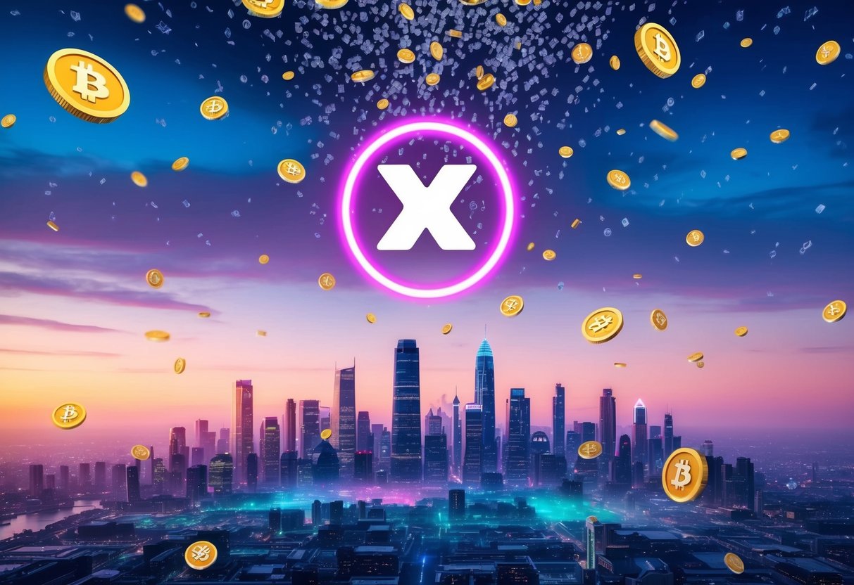 A vibrant, futuristic city skyline with a glowing "Xt.Com" logo hovering in the sky, surrounded by a flurry of digital tokens raining down from above