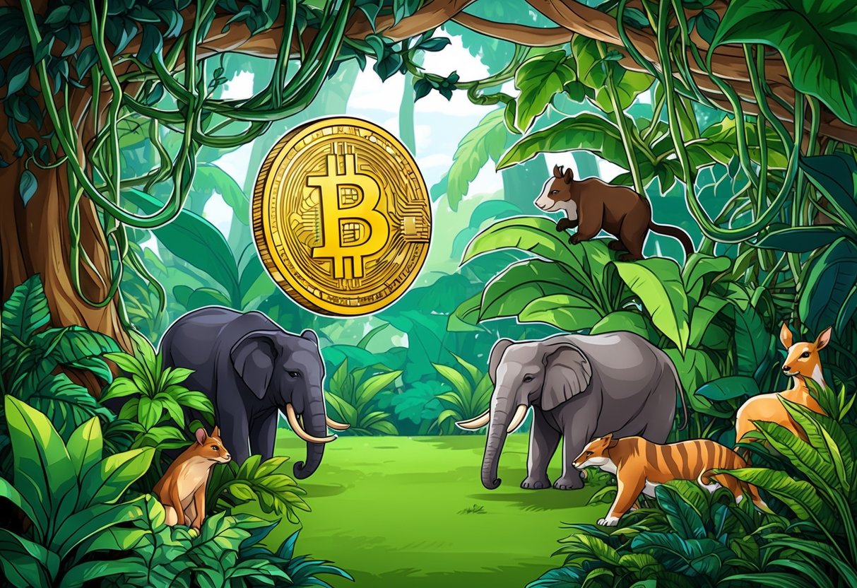 A vibrant jungle with diverse flora and fauna, featuring intertwining vines and lush foliage, with various animals coexisting and collaborating within the ecosystem