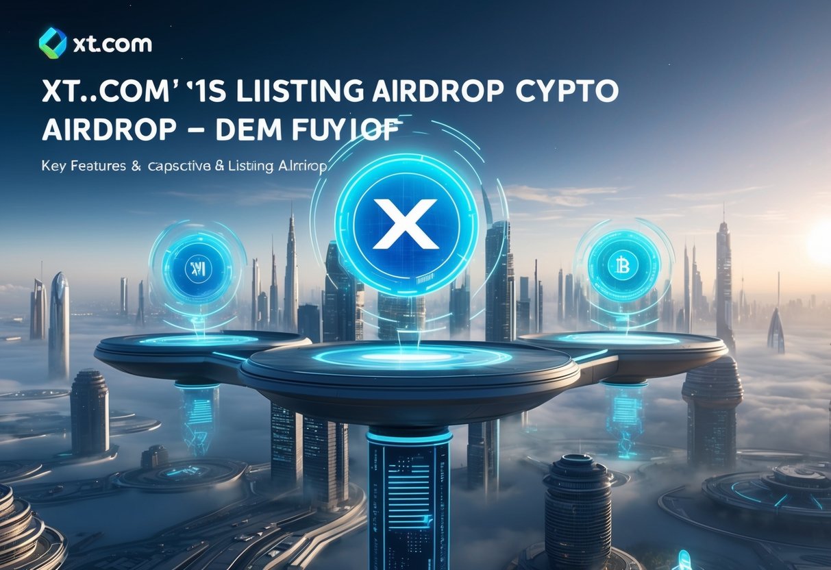 A futuristic cityscape with floating platforms and holographic displays showcasing the key features and mechanics of Xt.Com's listing airdrop
