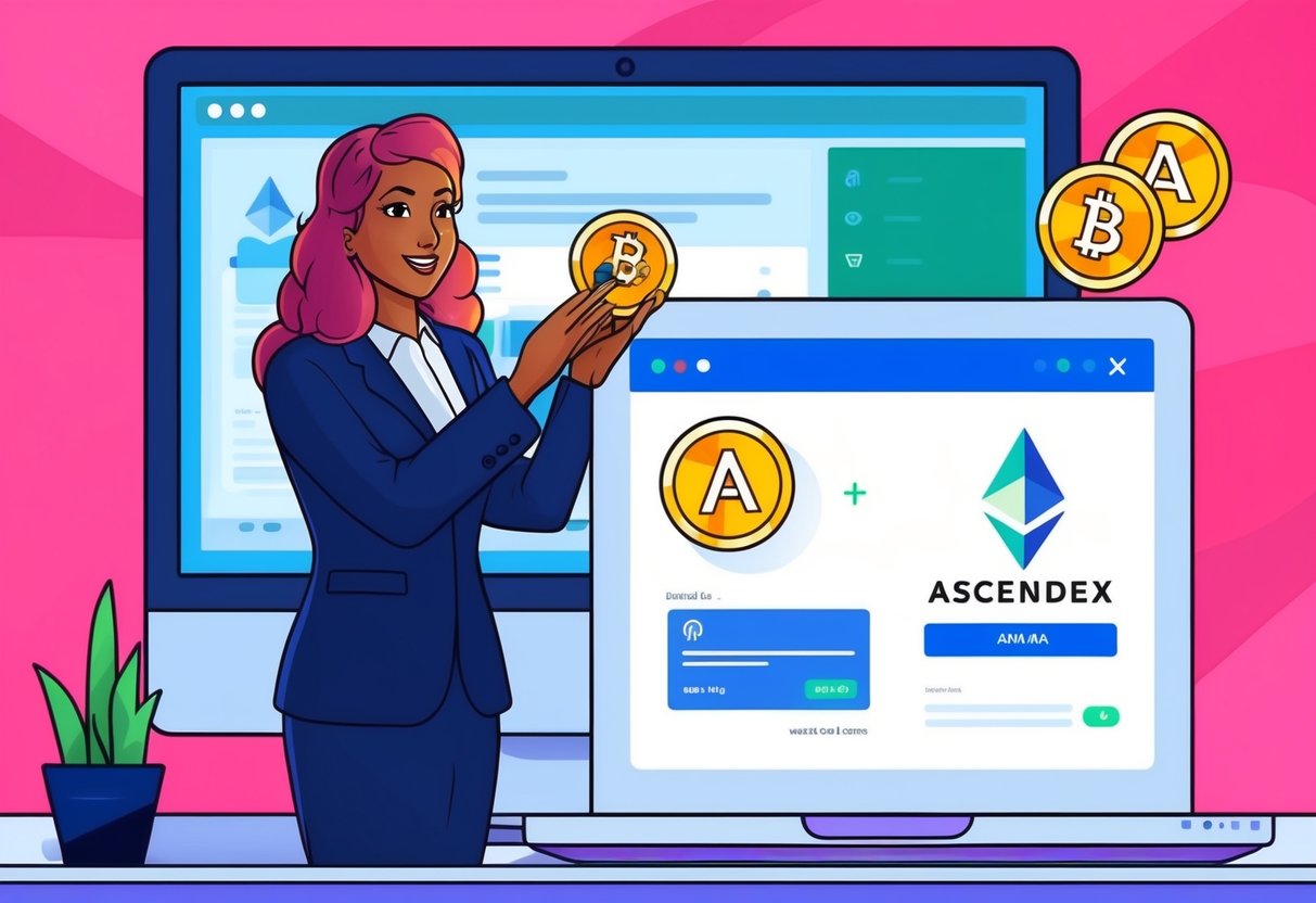 Ama stands in front of a computer, receiving Ascendex airdrop tokens in a digital wallet