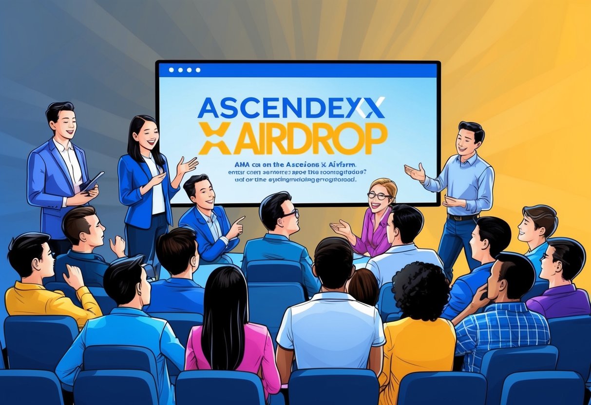A group of people gather around a large screen, eagerly discussing the Ascendex Airdrop while Ama explains the details
