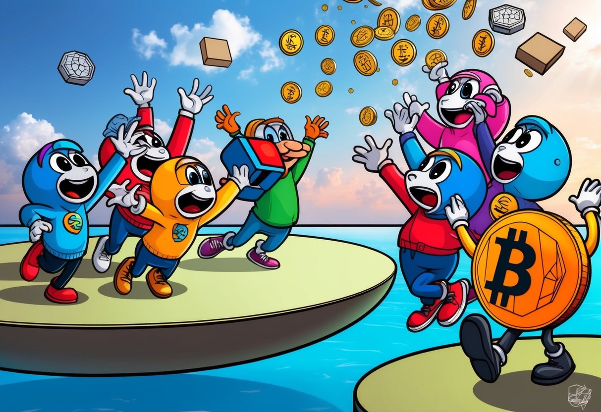 A group of colorful cartoon characters eagerly reaching up towards a floating platform, with various items dropping down from the sky