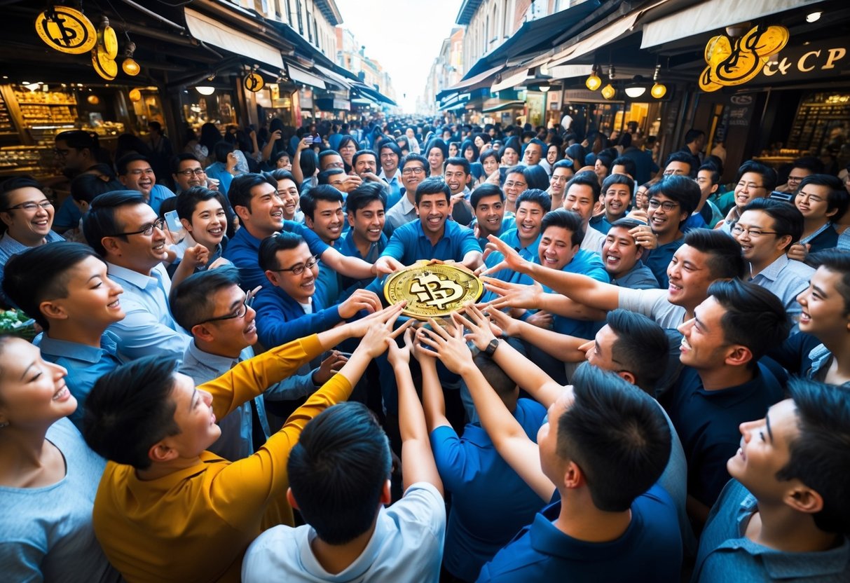 A crowded marketplace with people eagerly gathering around a central point, reaching out and exchanging items with excitement and anticipation