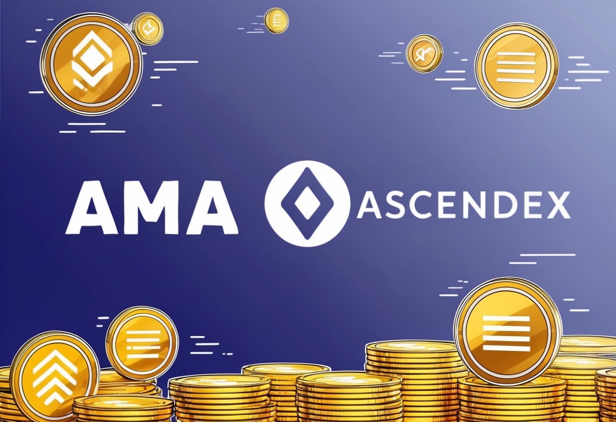 Ama and Ascendex logos surrounded by flying tokens and rewards