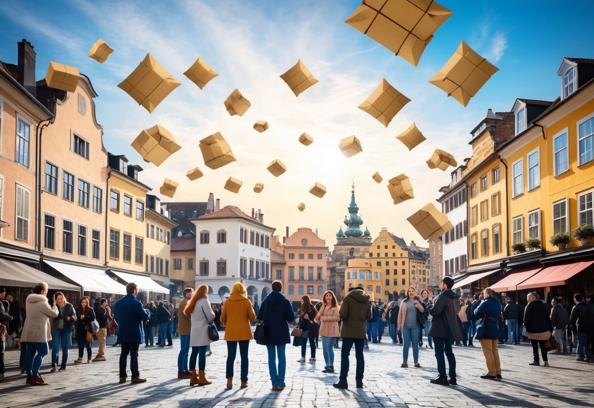 A bustling town square with people gathering around as packages are dropped from the sky, creating a sense of excitement and anticipation