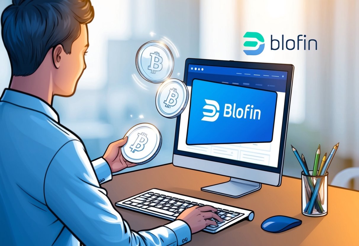 A person receiving tokens from a computer screen, with a Blofin logo in the background