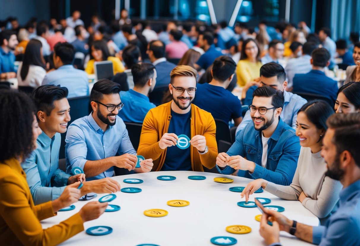 A diverse group of people eagerly exchanging tokens and engaging in discussions at an Ascendex airdrop event, with a strong sense of community and collaboration