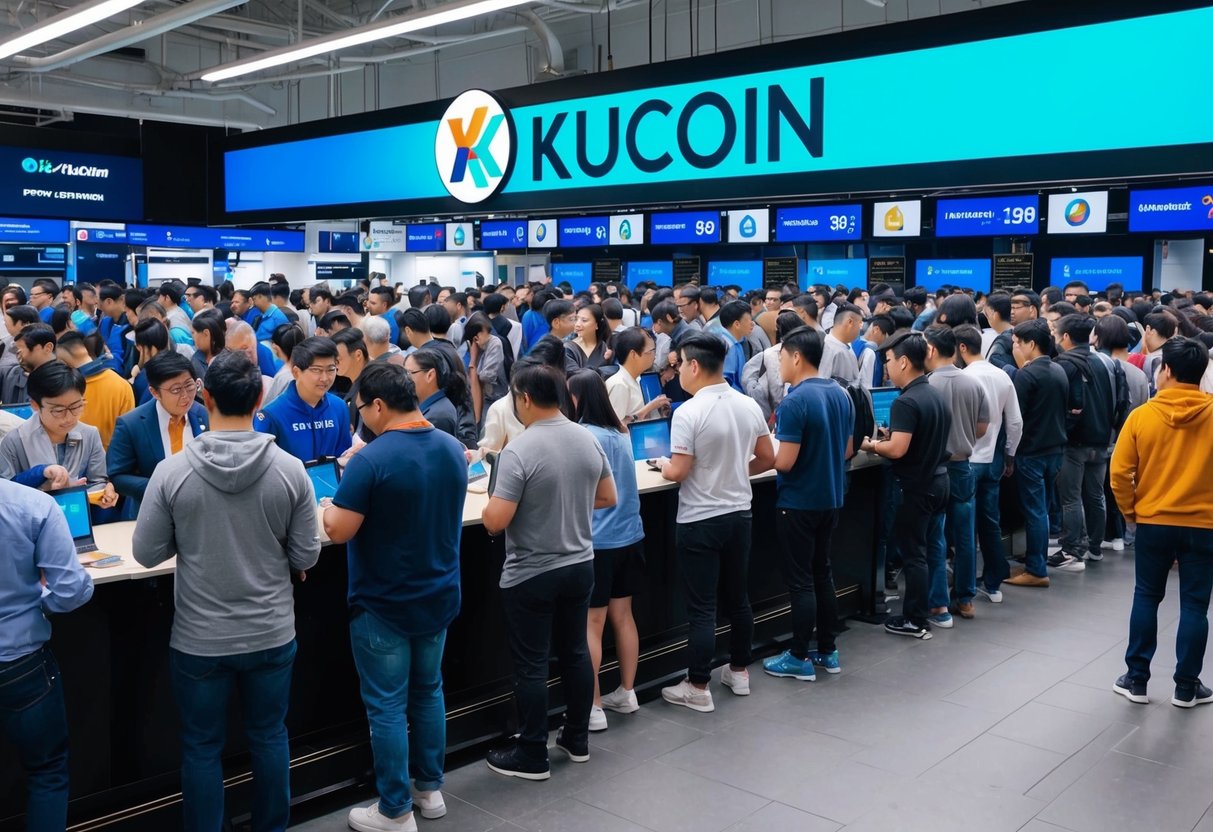 A crowded exchange with people lining up for a Kucoin listing airdrop