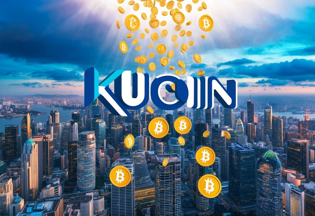 A vibrant digital landscape with Kucoin logo raining down airdrop tokens onto a bustling city skyline