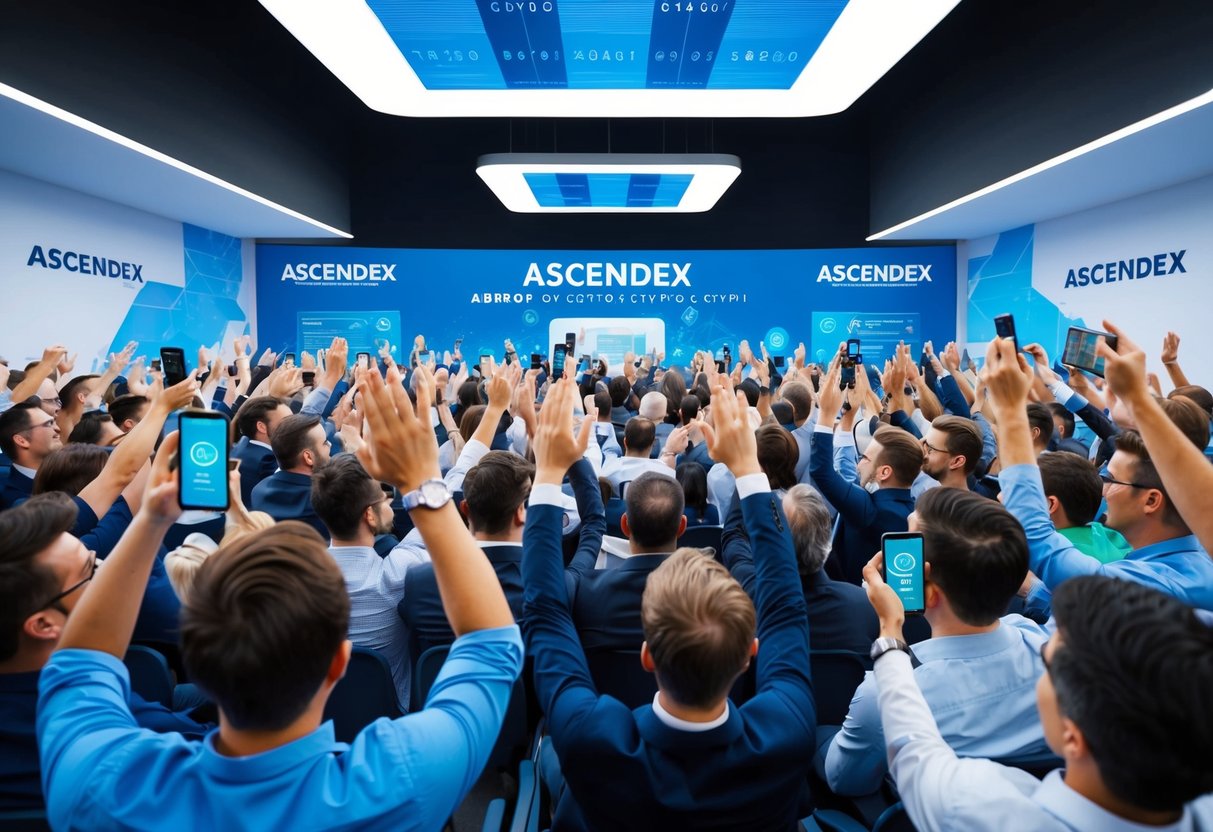 A crowd of people eagerly participating in an airdrop event, with hands raised and digital devices in hand, surrounded by Ascendex branding and mechanics