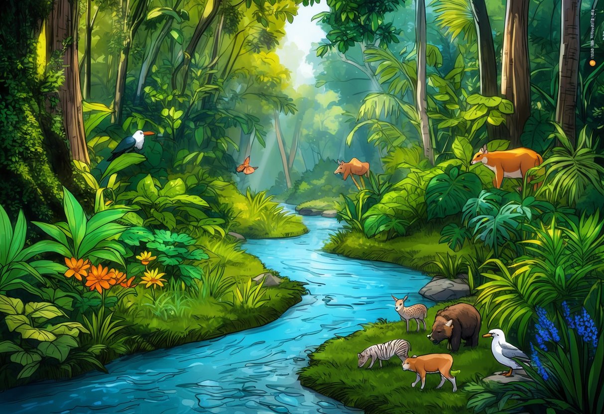 A lush forest with diverse flora and fauna, surrounded by a flowing river and diverse wildlife
