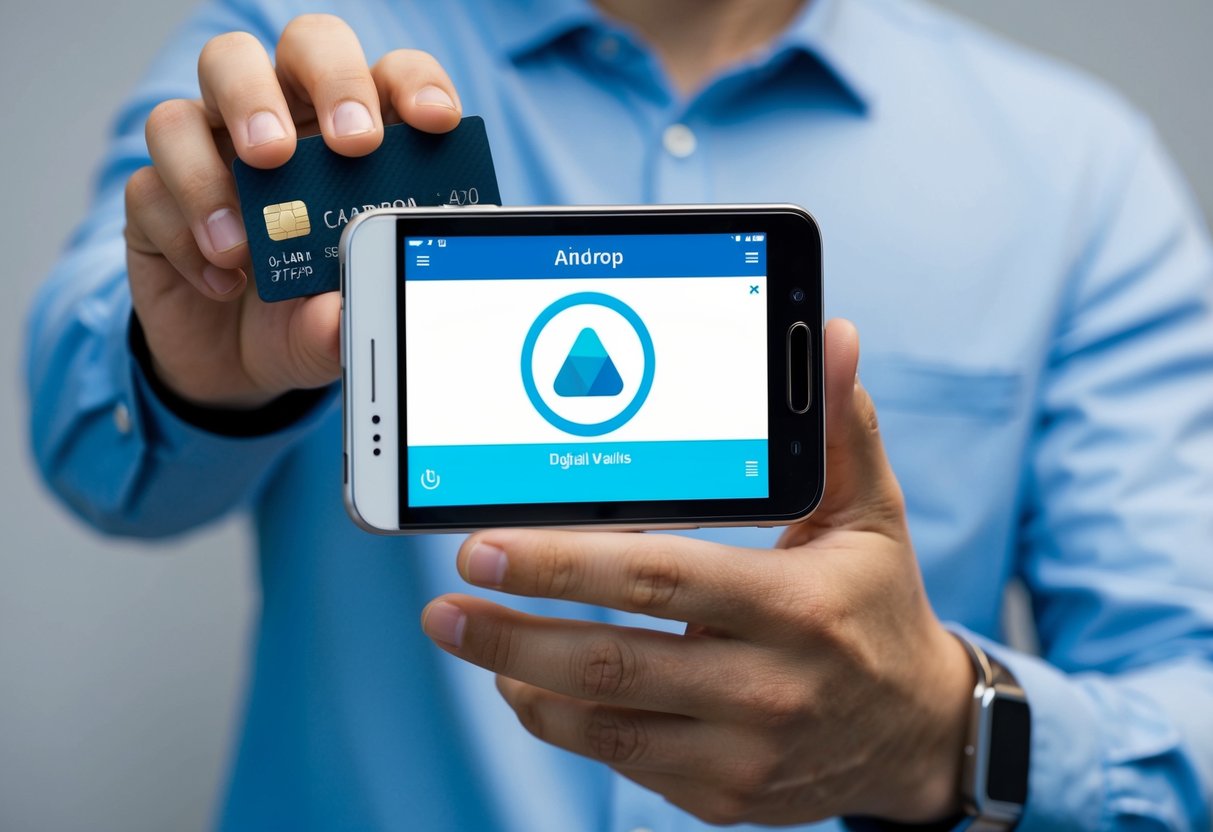 A person holding a Carbon Card in one hand and a smartphone in the other, with a digital wallet app open on the screen. Airdrop logo in the background
