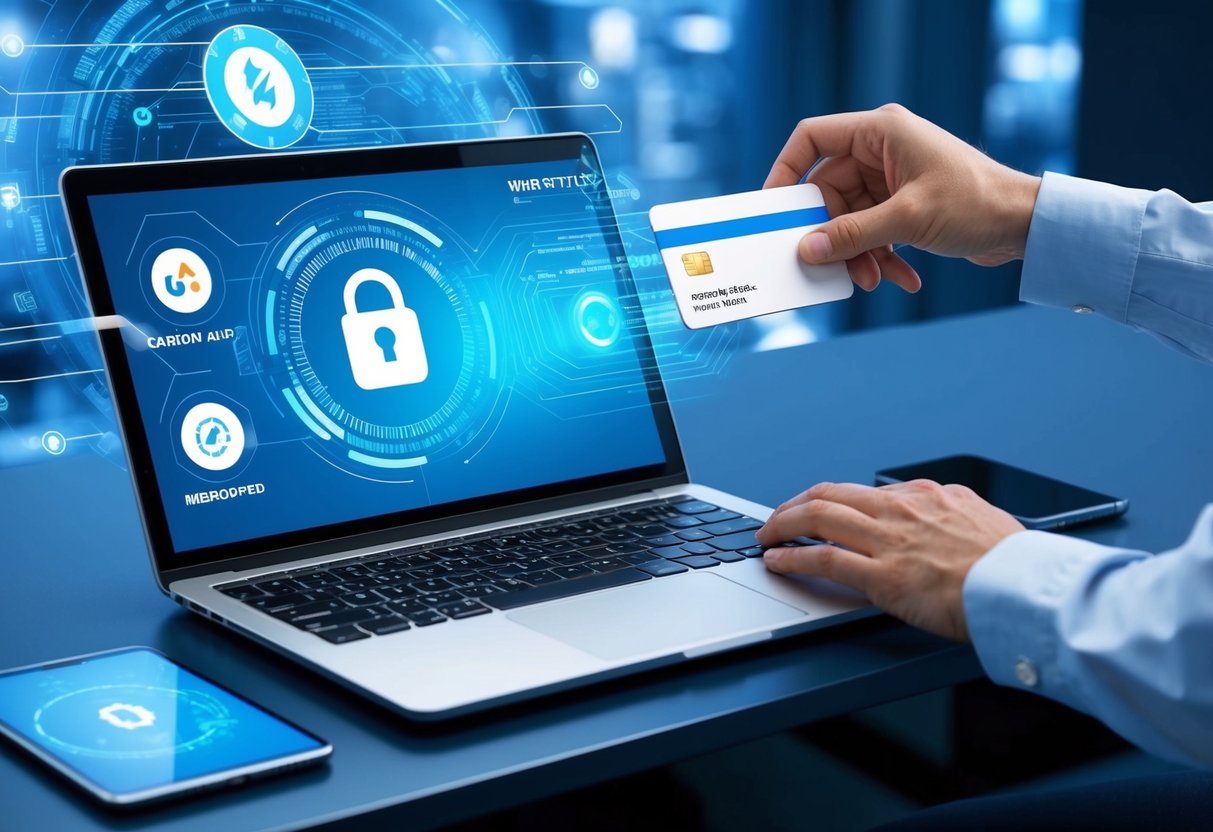 A futuristic security system scans a digital platform for compatibility, while a carbon card is being airdropped, with a potential false positive alert