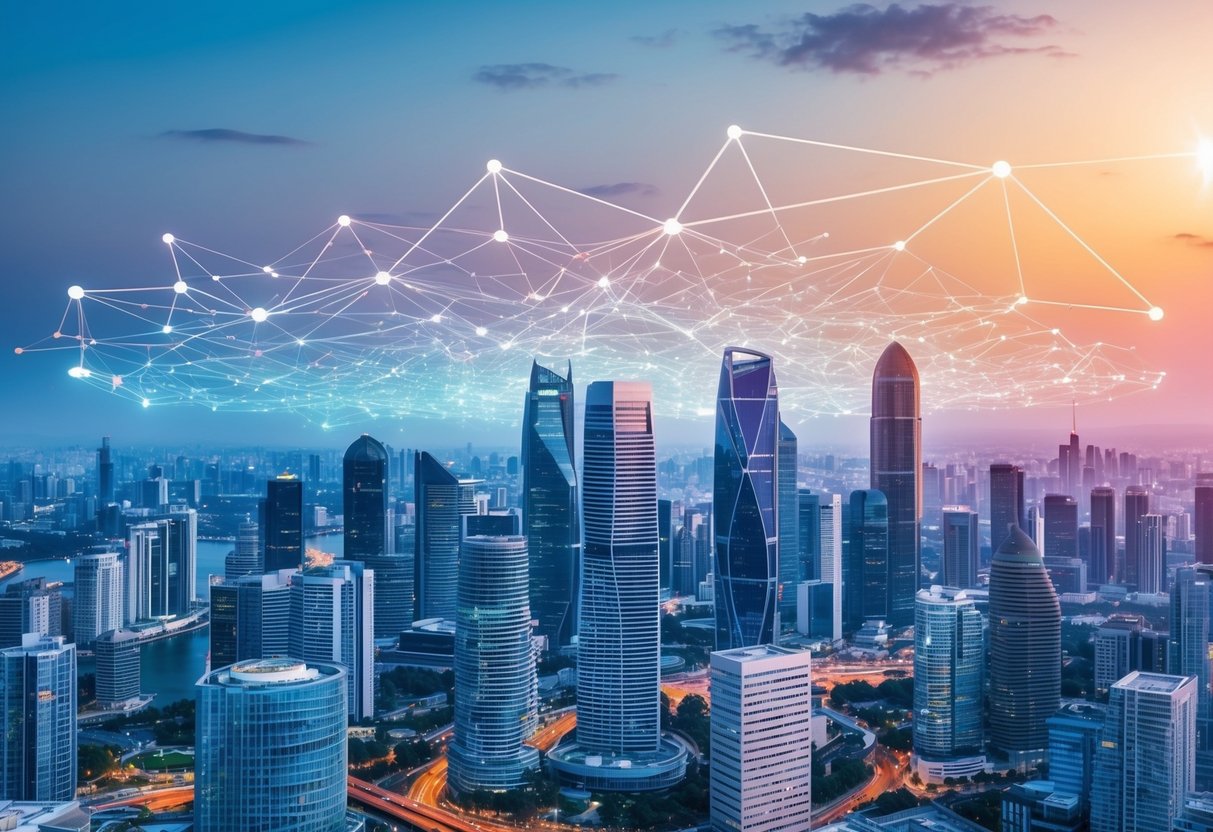 A vibrant cityscape with futuristic buildings and a network of digital connections spreading across the skyline