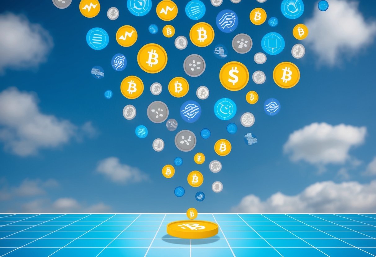 A group of diverse objects (tokens, coins, and network symbols) falling from the sky onto a platform