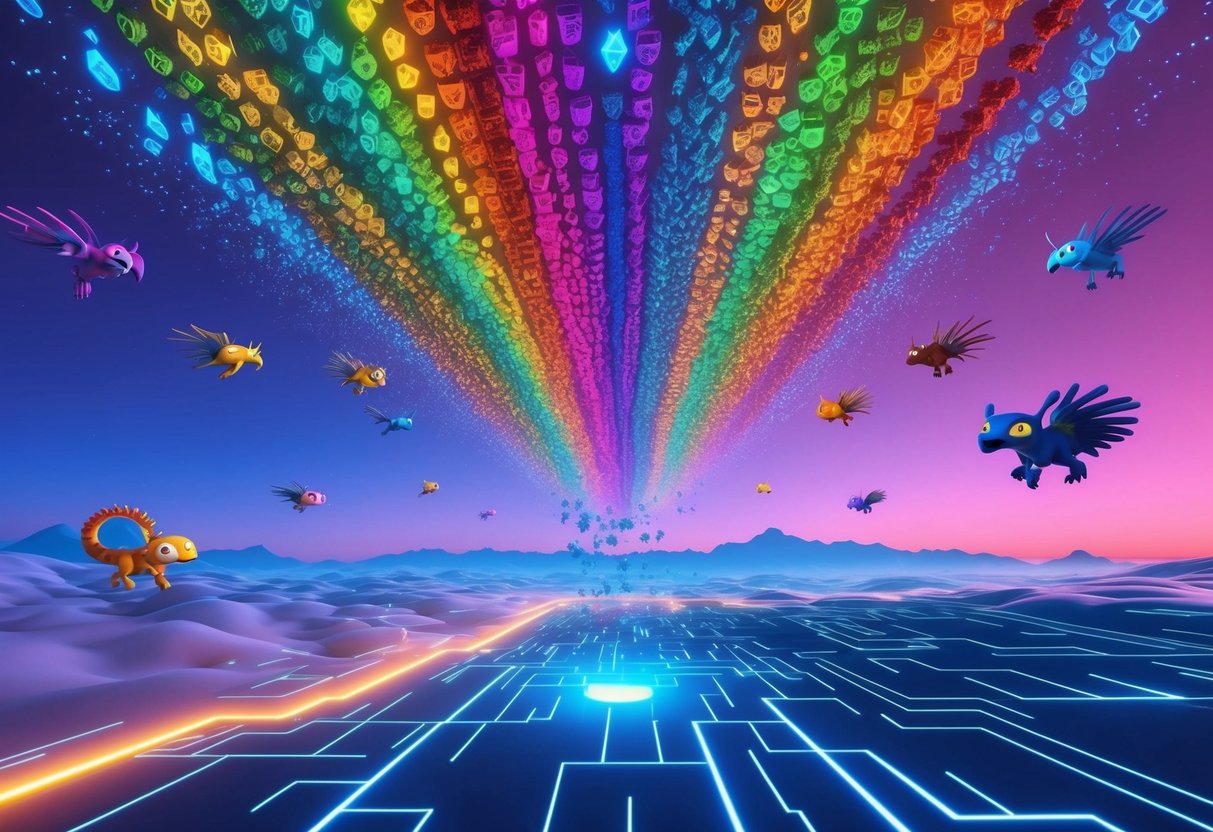 A colorful array of digital creatures descending from the sky in a vibrant virtual landscape