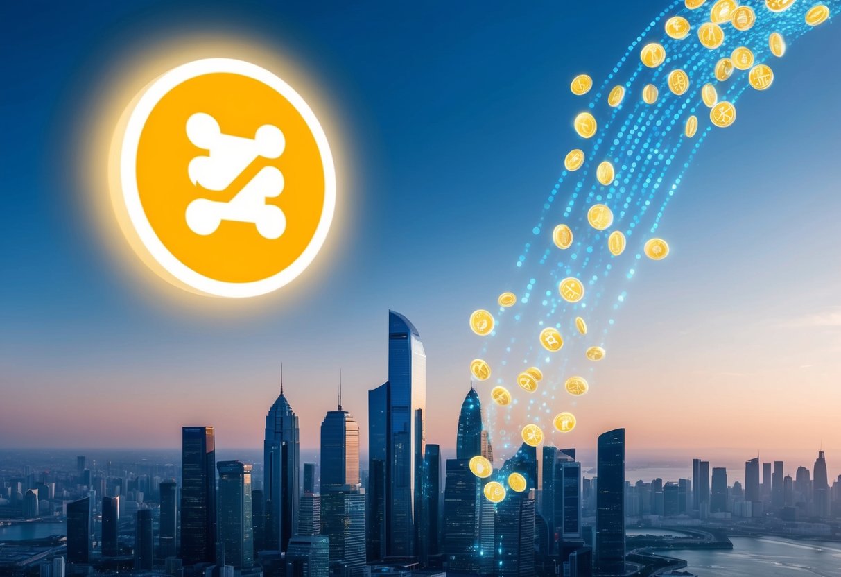 A futuristic city skyline with a glowing Quai Network logo hovering above, while a stream of digital tokens cascades down from the sky
