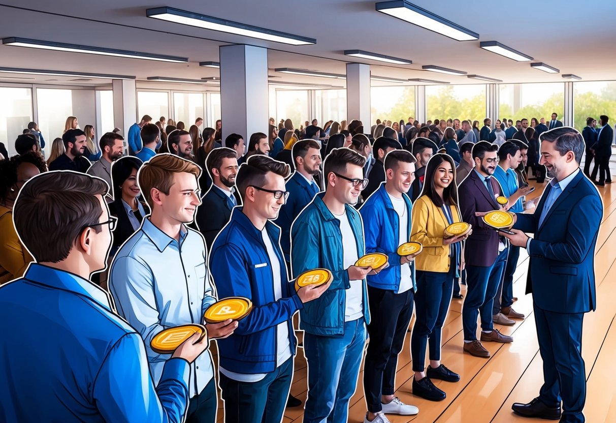A group of people lining up to receive tokens from a company representative