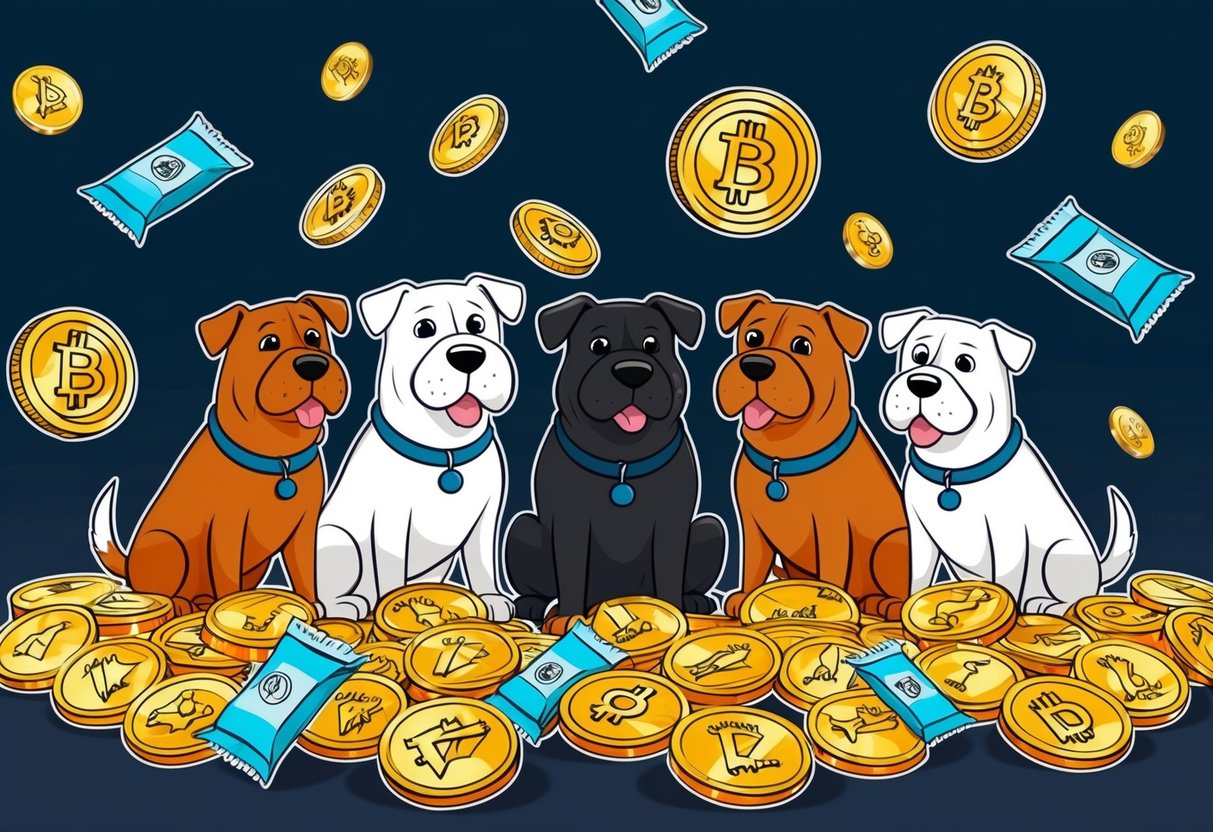 A group of cartoonish dogs surrounded by floating tokens and airdrop packages