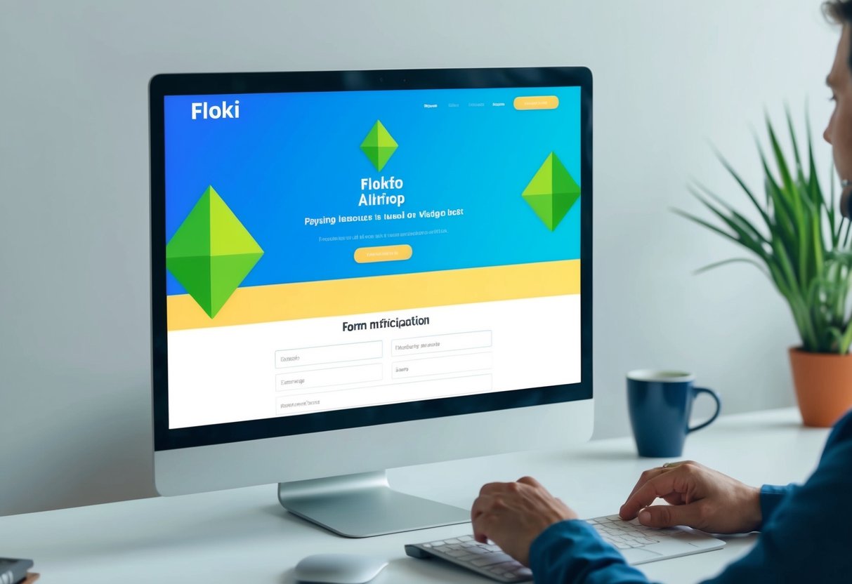 A computer screen displaying the Floki Airdrop website with a user filling out the participation form