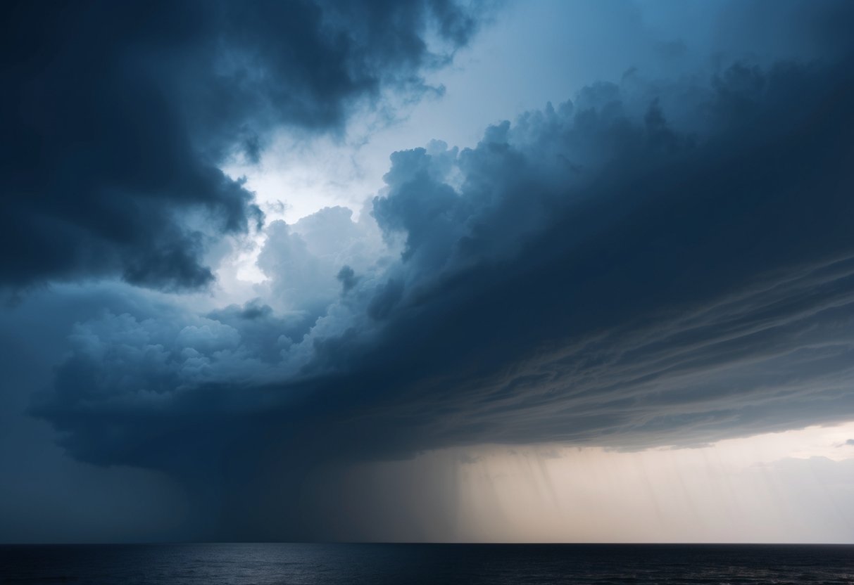 A stormy sky with dark clouds, strong winds, and heavy rain